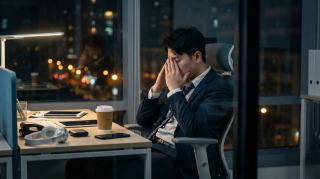 Homme épuisé à son bureau, la nuit, les mains sur le visage